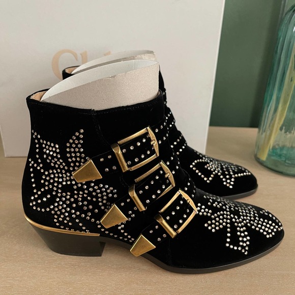 New Chloe Susanna Velvet Boots 36 Black Gold $1410 - Picture 4 of 10